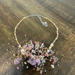 Vintage Beaded Statement Necklace Pink Crystal Shell Floral Cluster